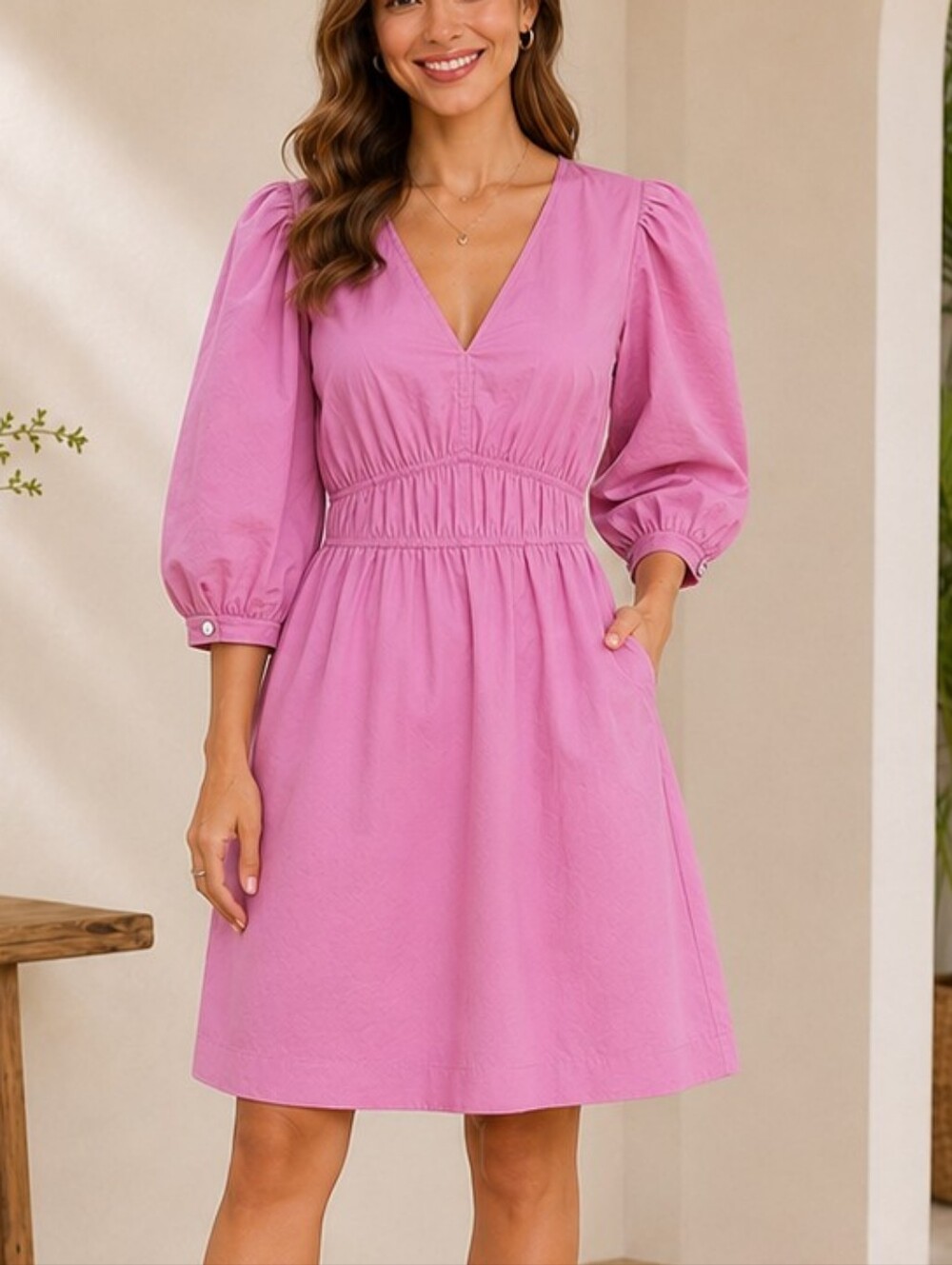 BOSS Pink Puff Sleeve V Neck Dress – Women’s Size US 2 NWT